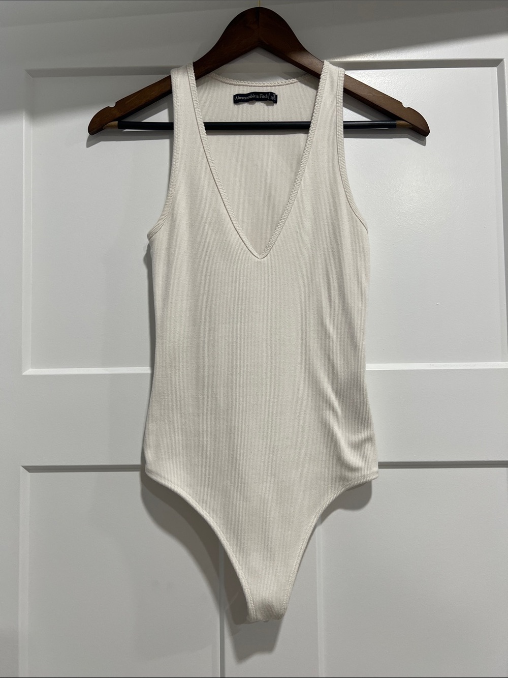 Abercrombie & Fitch Cream Ribbed V-Neck Tank Bodysuit